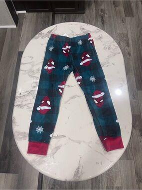 Men's Holiday Plaid Lounge Pants with Santa Spider Print - Teal/Red